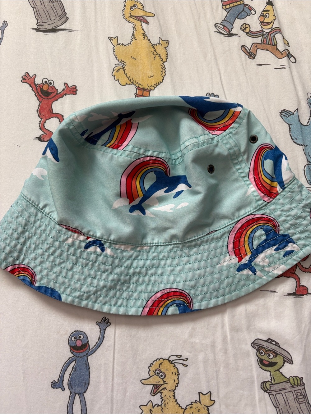 Hanna Andersson Aqua Bucket Hat with Rainbow & Dolphin Print